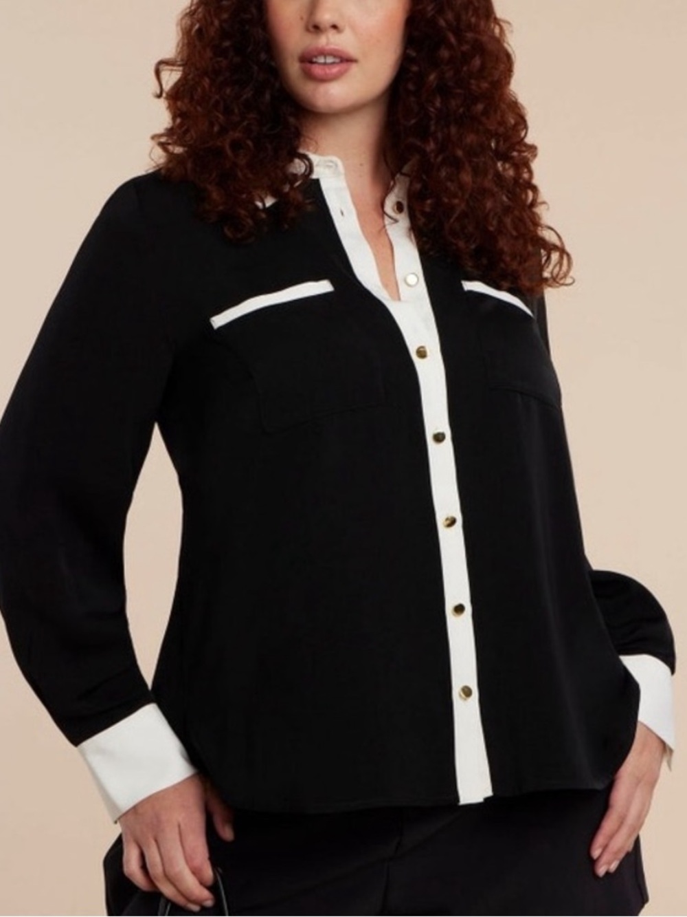 NEW Eloquii Black Combo White Collared Long Sleeve Blouse White Cuffs 16